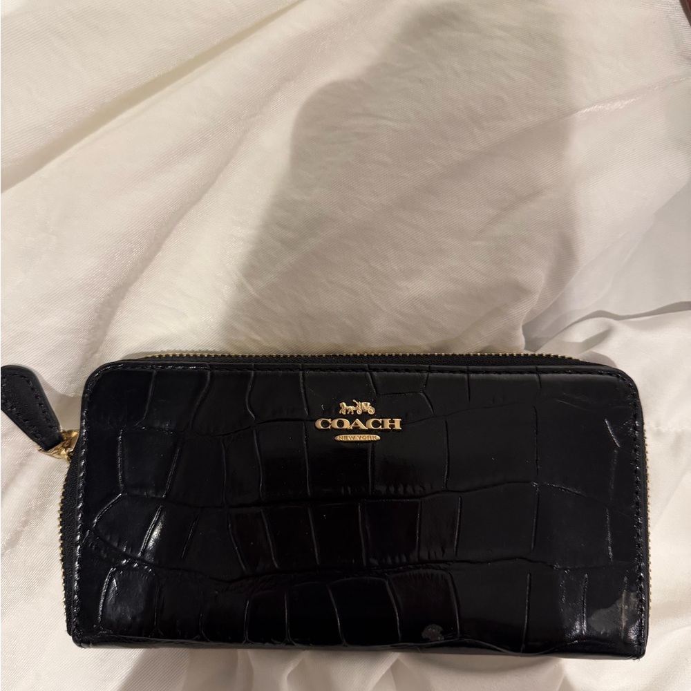 Coach Black Croc Embossed Zip Wallet